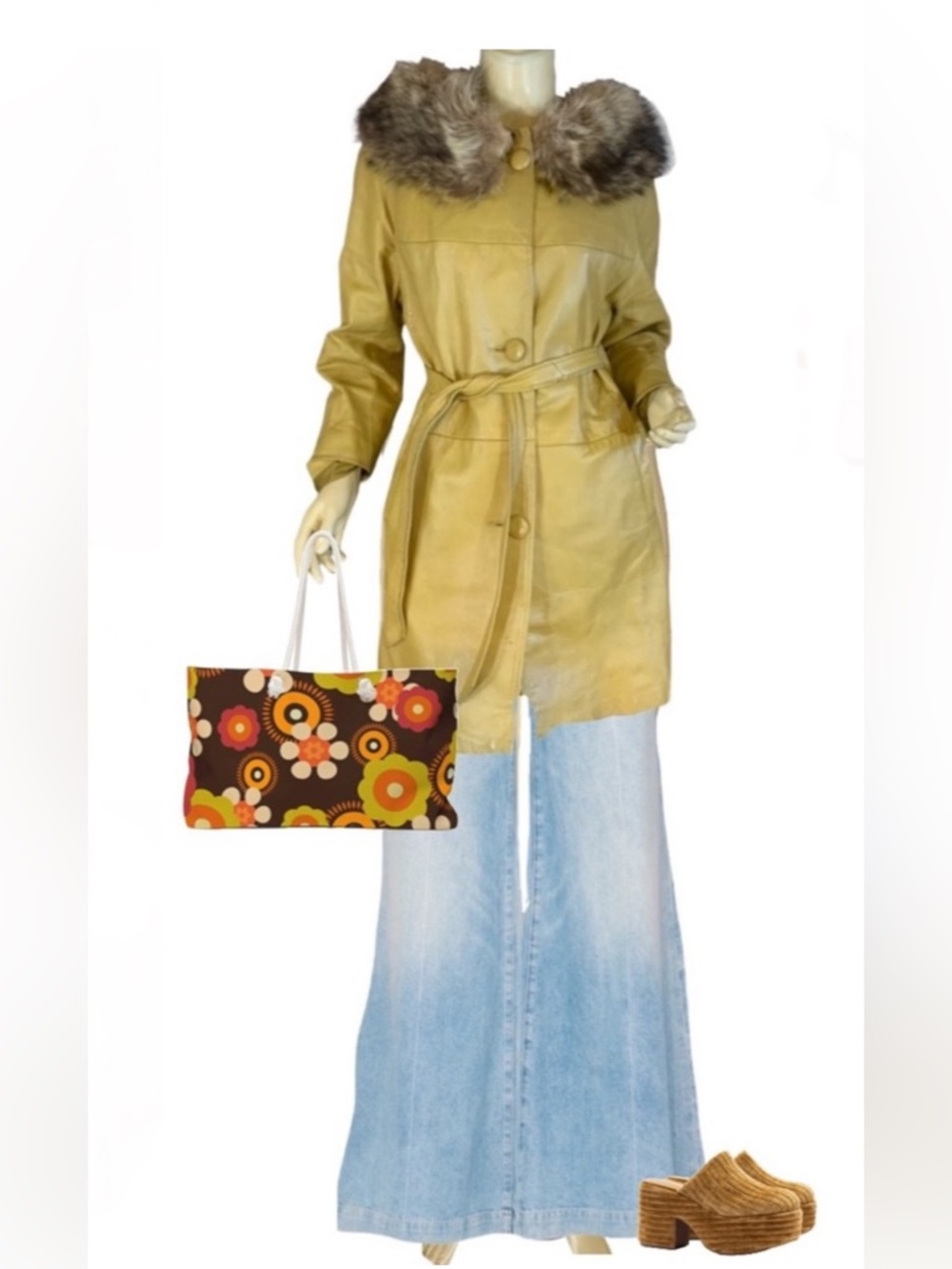 VINTAGE 1970'S BROWN LEATHER WITH BROWN FOX FUR COLLAR TRENCH COAT (S)